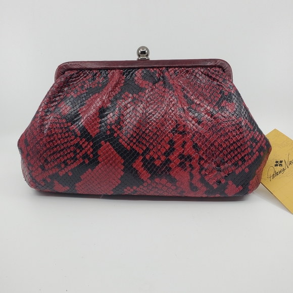 Patricia Nash Berry Red and Black Frame Italian Python Bag with Silver Chain - Picture 2 of 12